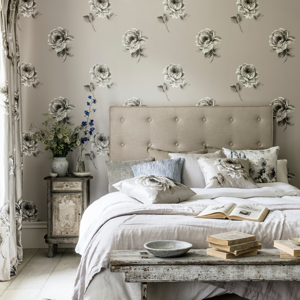 Rosa Floral Wallpaper 216279 by Sanderson in Silver Grey